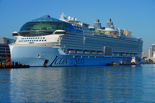 MIAMI BEACH, FL -3 FEB 2024- View of the Icon of the Seas by Royal Caribbean International, the largest cruise ship in the world, at Port Miami in Florida, United States, on the Atlantic Ocean.