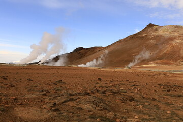 Hverarönd is a hydrothermal site in Iceland with hot springs, fumaroles, mud ponds and very active solfatares. It is located in the north of Iceland