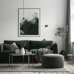 Minimalist Scandinavian Living Room Interior with Green Sofa and Grey Pouf Against White Wall and Art Poster Frame