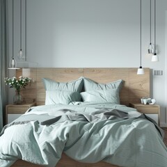 Serene Scandinavian Bedroom with Green Bedding and Modern Furniture