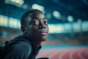 A lone figure, adorned in humble attire, stares solemnly ahead, his face reflecting the weight of the world in this captured moment on the tracks