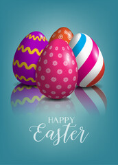 Easter eggs on a blue background. Vector greeting card concept with removable text 