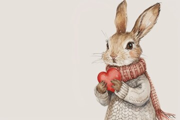 Watercolor illustration of a rabbit in a knitted sweater and scarf, tenderly holding a red heart, with a clean background.