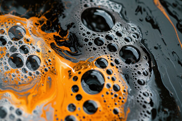 Close-up liquid with swirling patterns orange drops and bubbles
