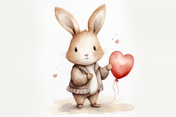 Adorable watercolor rabbit holding a heart-shaped balloon, ideal for Valentine's decor, children's illustrations, and greeting cards.
