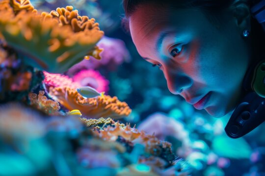 A mesmerizing human face gazes at the diverse and vibrant coelenterates swimming gracefully in an underwater reef aquarium, showcasing the beauty and complexity of marine biology