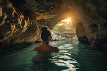 Fototapeta premium A solitary figure gracefully swims in the tranquil waters of an underground lake, surrounded by the raw beauty of nature within the depths of a cave