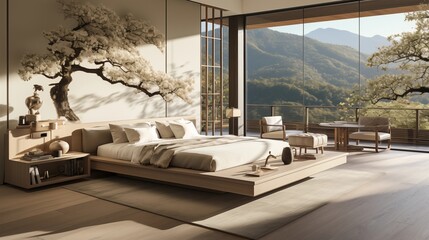 A Japanese-inspired bedroom with minimalist furnishings, tatami mats, and shoji screens filtering sunlight