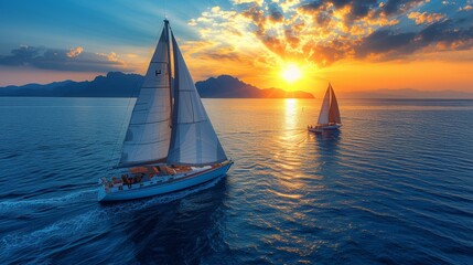 Fototapeta premium Aerial shot of stunning sailboats sailing in synchronized formation on the crystal clear blue sea