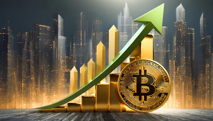 Bitcoin business growth chart with green arrow - obrazy, fototapety, plakaty