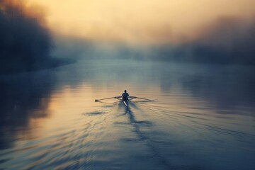 As the morning fog dissipates over the serene lake, a determined athlete rows through the calm water, fully immersed in the beauty of nature and the challenging sport of rowing - obrazy, fototapety, plakaty