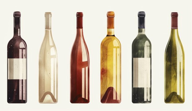 a set of colored wine bottles on a white background Generative AI