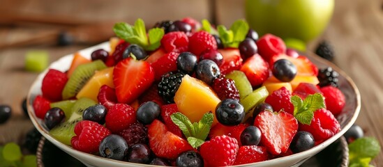 A delicious fruit salad made with an assortment of natural foods and fresh fruits, served in a bowl on a rustic wooden table.