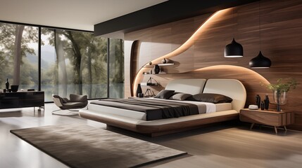 A minimalist bedroom with a platform bed, a geometric headboard, a statement pendant light, and a monochrome color scheme