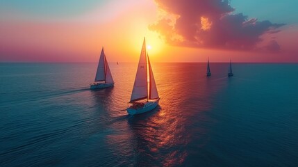 Aerial view of stunning sailboats sailing in perfect harmony on the serene blue sea - obrazy, fototapety, plakaty