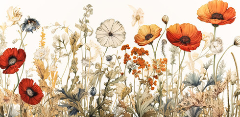Fototapeta na wymiar Watercolor bouquet collection of wild field herbs, flowers, and plants.