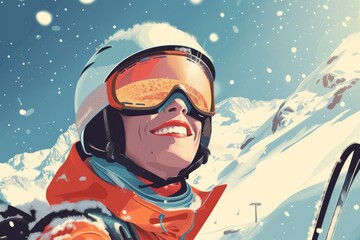Fototapeta na wymiar A daring snowboarder braves the chilly slopes, their determined face hidden behind a helmet and goggles, ready to conquer the snowy mountain ahead