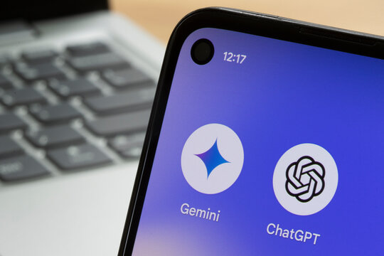 Portland, OR, USA - Feb 8, 2024: Gemini and ChatGPT app icons are seen on a Google Pixel smartphone. AI competition and Google's Gemini vs OpenAI's ChatGPT concepts.