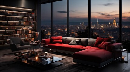 A minimalist penthouse with a white floor, a black wall, a red sofa, and a city view - obrazy, fototapety, plakaty