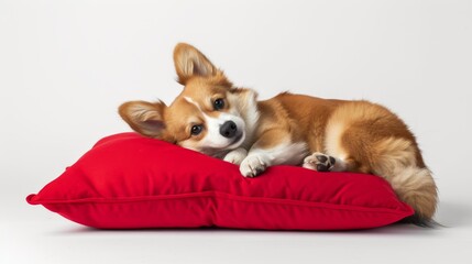 A loyal welsh corgi pup cozily rests on a vibrant red pillow, showcasing the unwavering bond between humans and their beloved canine companions