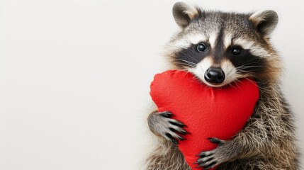 A lovable raccoon with soft fur holds a crimson heart, showcasing its playful and affectionate...