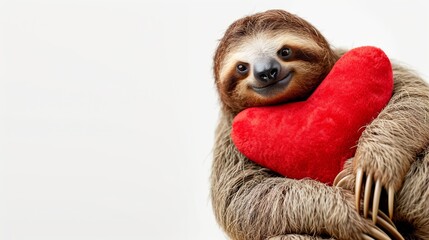 Fototapeta premium Amidst the warm, cozy indoor setting, a brown-furred sloth gently cradles a red heart, radiating love and affection as only an adorable mammal can