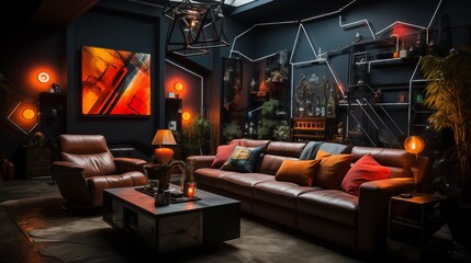 A modern home theater with a leather sofa, a projector screen, a popcorn machine, and a neon sign