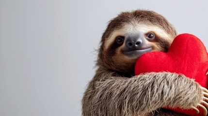 Fototapeta premium A fuzzy mammal relaxes indoors, contently clutching a vibrant red ball in its slow-moving claws