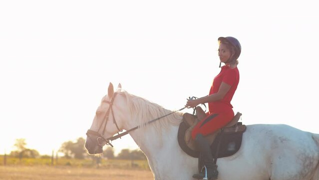 A woman in a red uniform walks on a white horse in a field of hay. Medium shot.