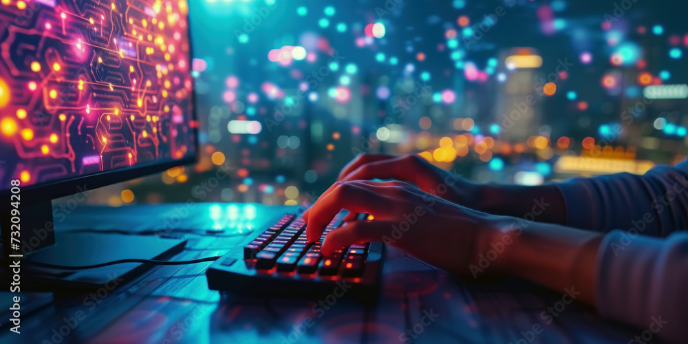 Poster a person is typing on a computer keyboard. background is blurred with coloured lights