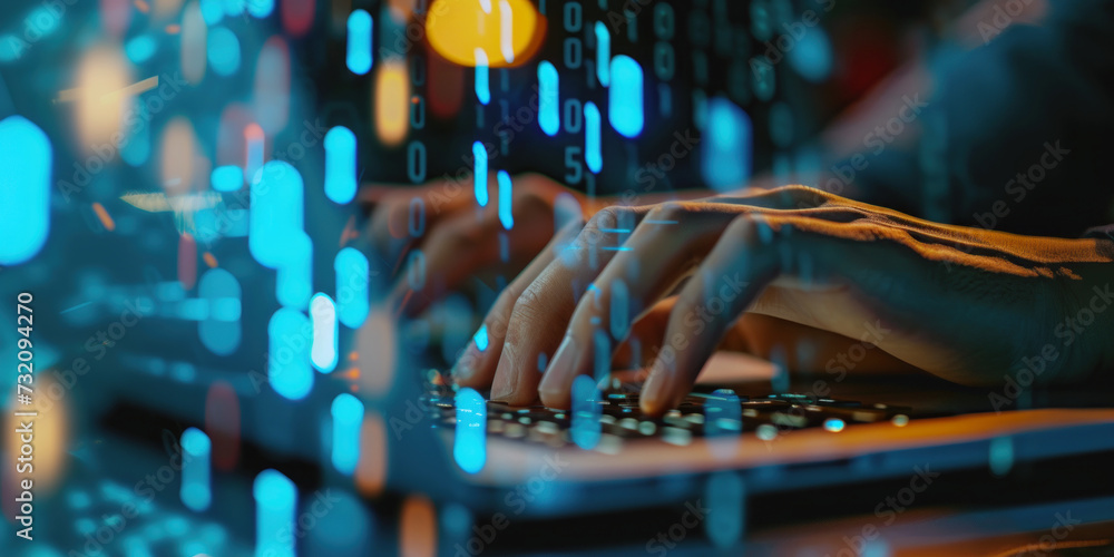 Poster a person is typing on a computer keyboard. background is blurred with coloured lights