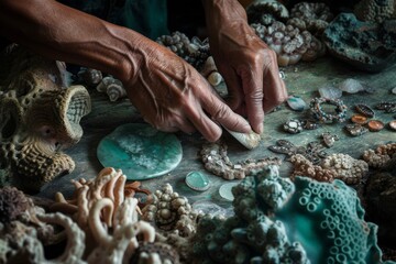 Immersed in the watery world of the reef, a skilled artisan delicately crafts a stunning piece of jewelry inspired by the intricate forms of coral and other invertebrate organisms