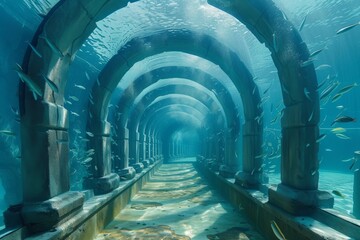 A mesmerizing underwater tunnel lined with arches, adorned with colorful fish swimming among the vibrant reef, beckons you to dive into its magical depths - obrazy, fototapety, plakaty