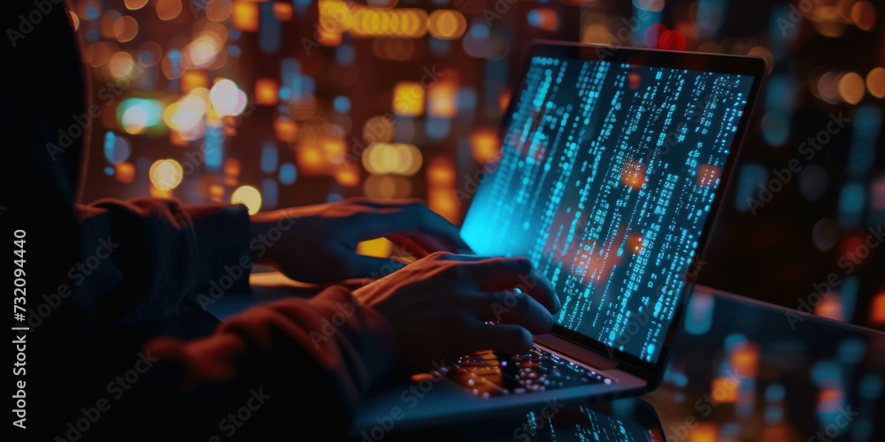 Poster a person is typing on a computer keyboard. background is blurred with coloured lights
