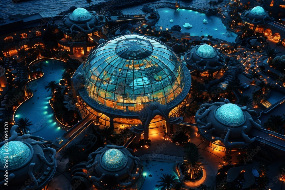 Poster a majestic city building stands tall, its dome roof illuminated by a dazzling array of lights, casti