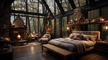 A rustic cabin with a log bed, a fireplace, a fur rug, and a deer head. - obrazy, fototapety, plakaty