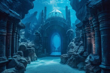 Exploring the depths of a mysterious underwater cave reveals a natural tomb, where the beauty of nature meets the stillness of death - obrazy, fototapety, plakaty