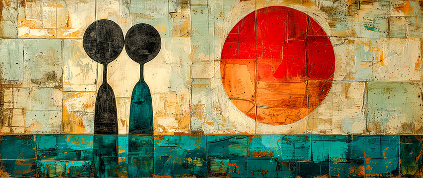 abstract painting with geometric forms figurative drawings retro expressionism elongated figures restrained expressionism wallpaper background digital art