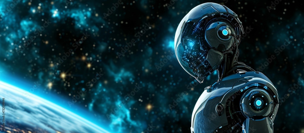 Poster a robot stands in front of a planetary astronomical object in the dark abyss of outer space, surroun