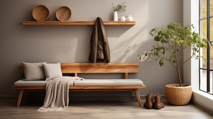 A Scandinavian entryway with a gray sofa, a wood bench, a white coat rack, and a plant with a fresh look - obrazy, fototapety, plakaty