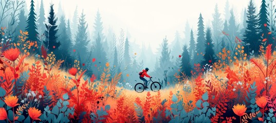 Minimalistic flat vector illustration of a man riding a bicycle in a scenic landscape