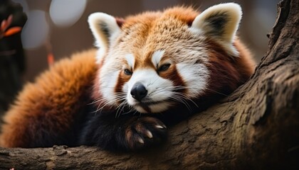 Sweet red panda napping on tree branch, with ample space for adding text or captions
