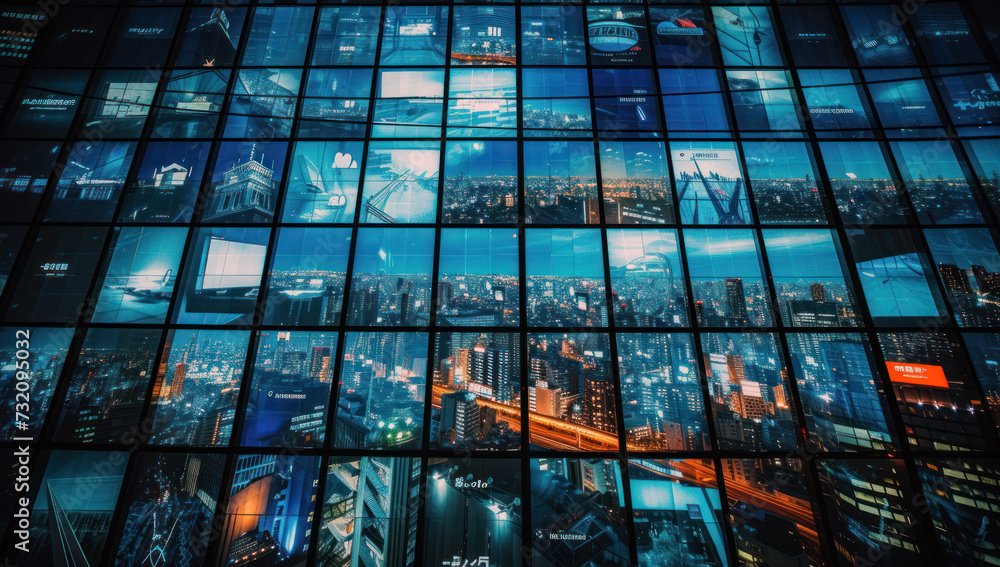 Poster a room with a large number of monitors. monitors in semicircular or curved configurations