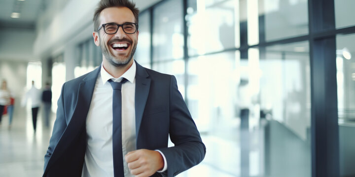 Exuberant Businessman Laughing Joyfully as He Walks in a Modern Office Environment. Corporate Happiness Concept