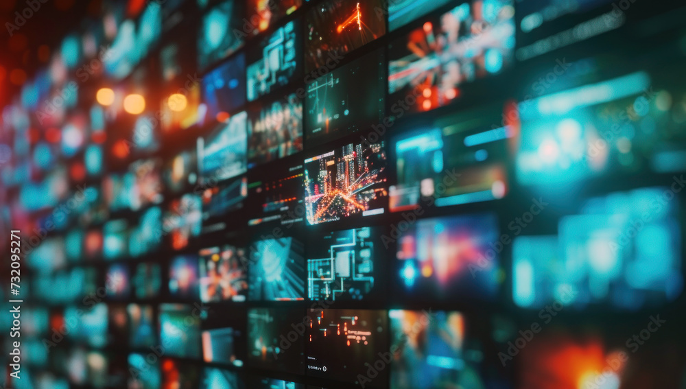 Poster a room with a large number of monitors. monitors in semicircular or curved configurations