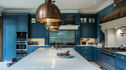 Fotobehang A luxurious kitchen with blue cabinets. Generative Ai © Witri