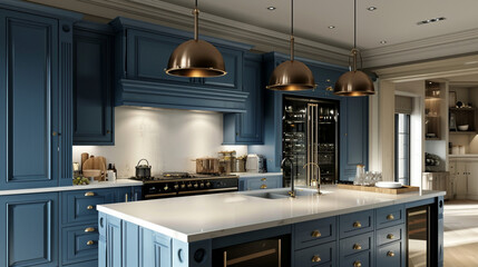 A luxurious kitchen with blue cabinets. Generative Ai