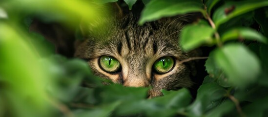 A small to medium-sized cat from the Felidae family, a carnivore, with green eyes, is peeking out from behind some leaves.