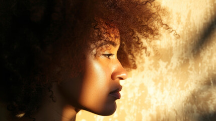 A womans profile with light shining through her curly hair casting a bold and dramatic shadow on the wall behind her.
