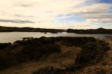 Mývatn is a shallow lake located in an area of active volcanism in northern Iceland, near the Krafla volcano